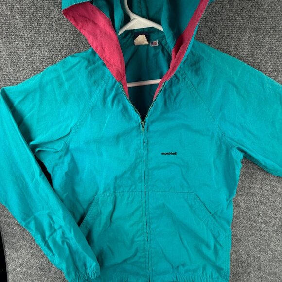 VTG Mont-bell Jacket 80s 90s Nylon USA Made Small Blue Pink Full Zip Hooded - Picture 1 of 16